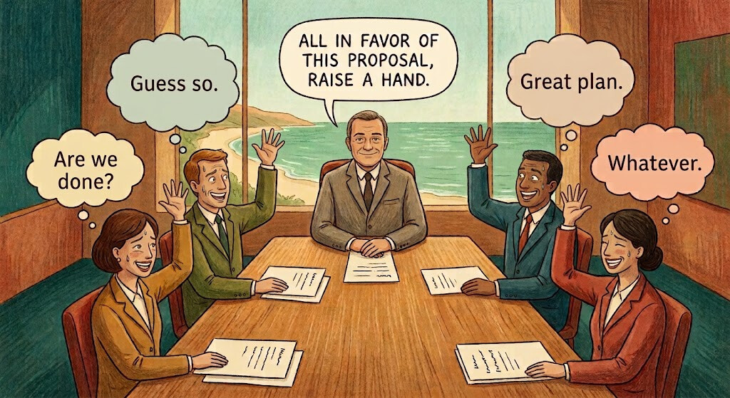 A meeting: the chair asks who is in favour of the proposal, every hand goes up, and the thought bubbles say ‘Guess so’, ‘Whatever’, ‘Are we done?’ and ‘Great plan’